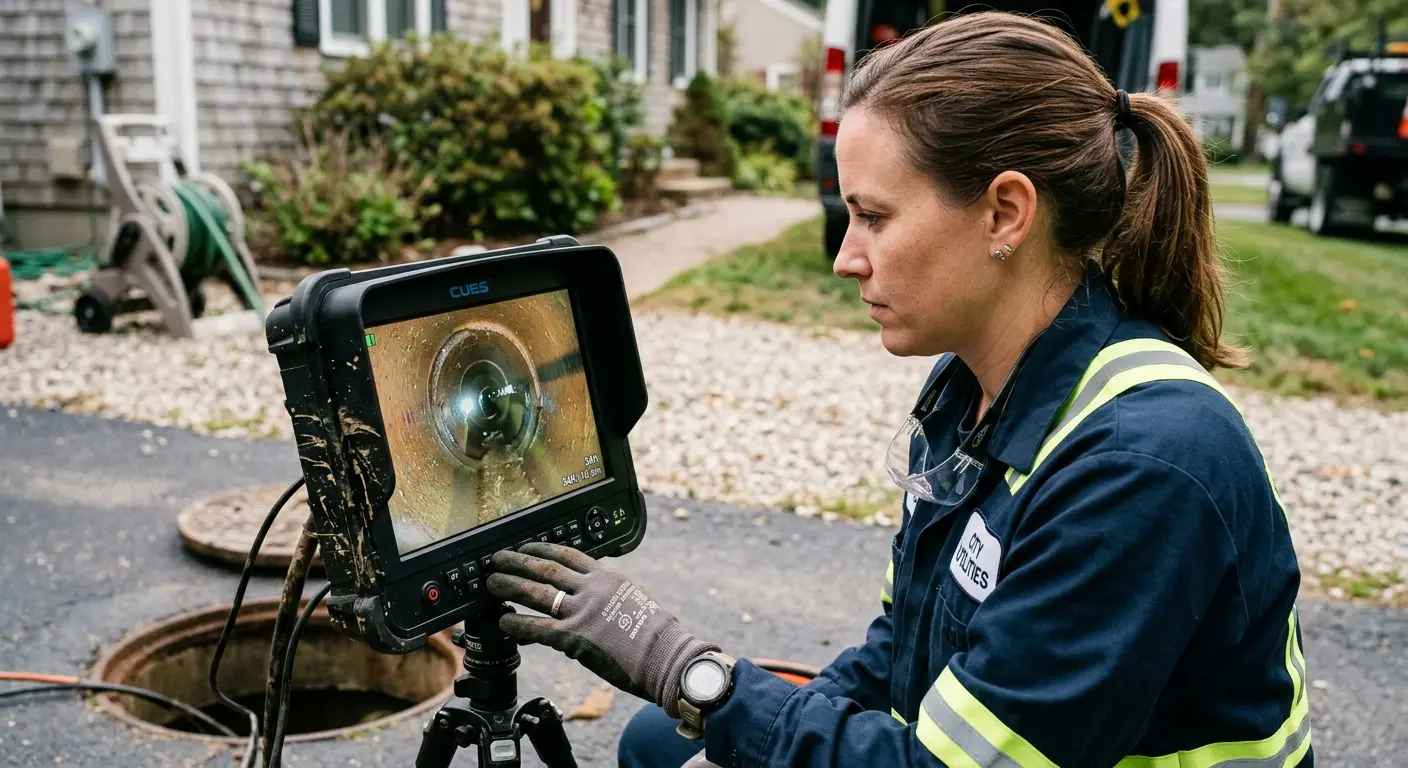 Technician reviewing sewer camera inspection footage in Brooklyn Center