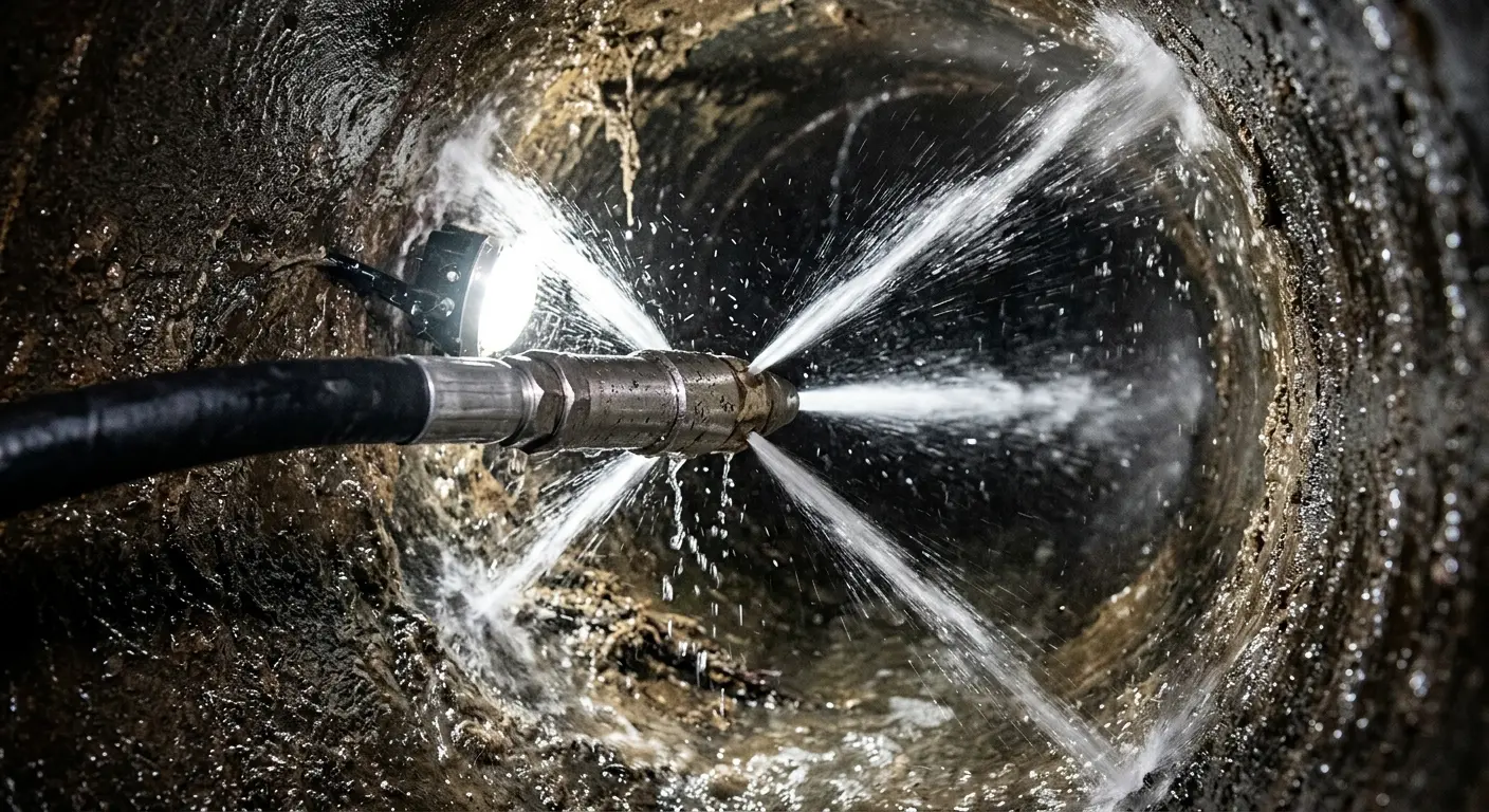 High-pressure hydro jetting nozzle cleaning sewer pipe for Trenchless Sewer Repair in Brooklyn Center