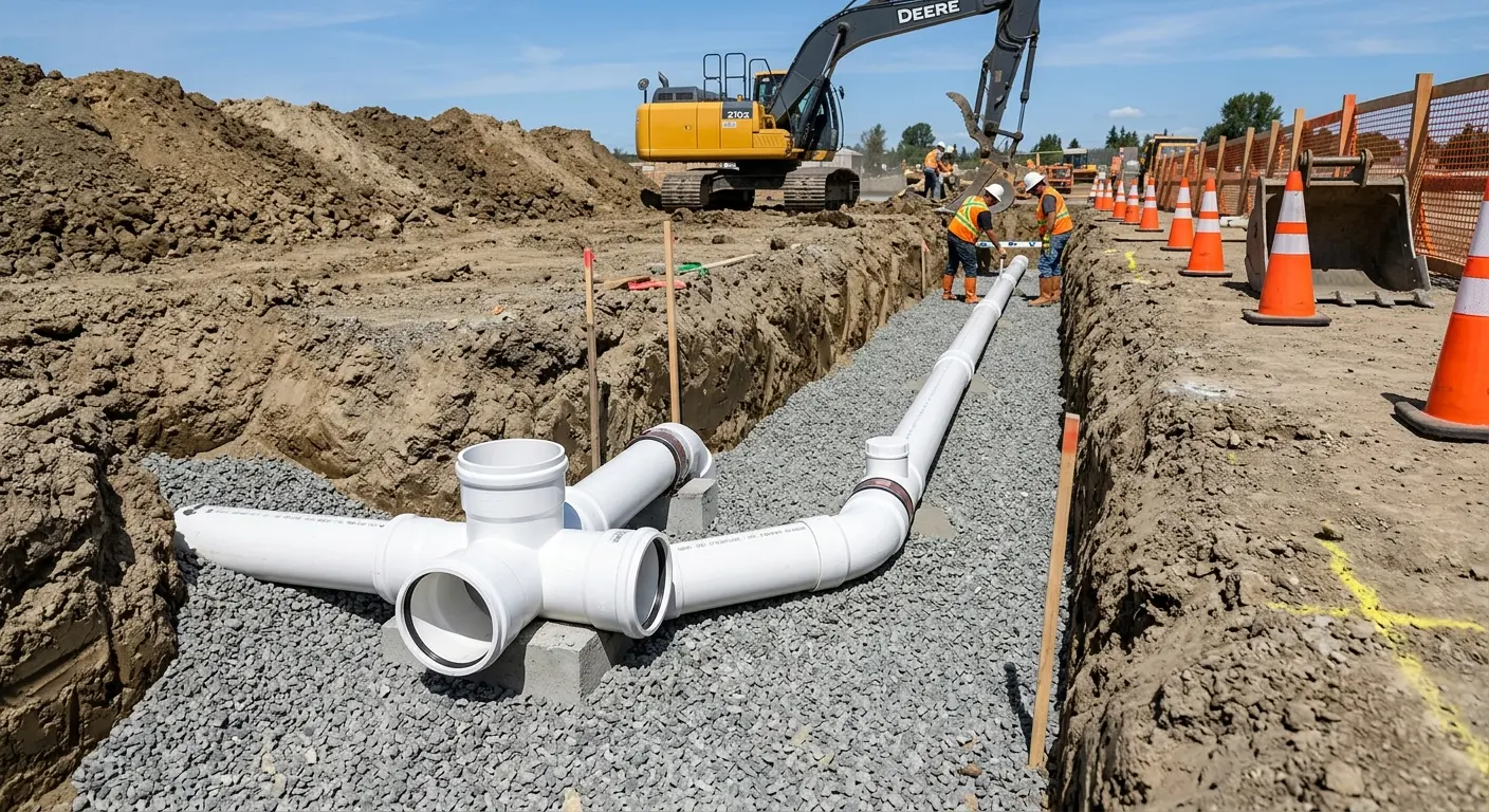New PVC sewer pipe installation in open trench for Sewer Backup in Brooklyn Center