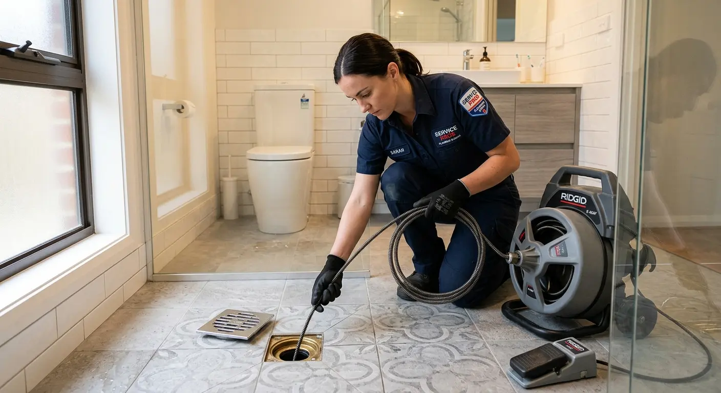 Technician clearing a bathroom floor drain for Clogged Drain Repair in Brooklyn Center
